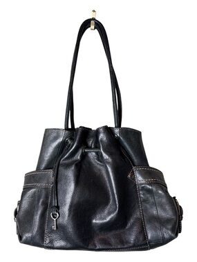 Fossil Womens Black Leather Bag Drawstring Hobo Side Pockets Magnetic Closure